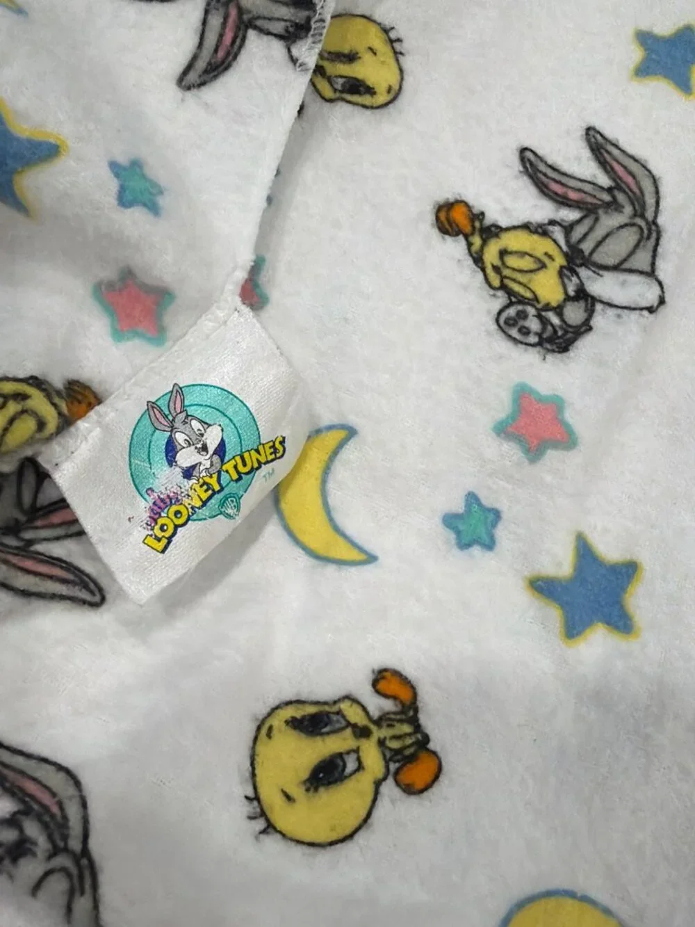 Looney Tunes Vintage Baby Blanket White Fleece Tweety Bugs Bunny Stars Moon